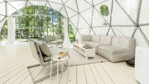 A modern, open-plan living space with a geometric glass ceiling, a sofa, a chair, and a coffee table. - Outlier Inn Large Dome on Farm Upstate Catskills (Woodridge)