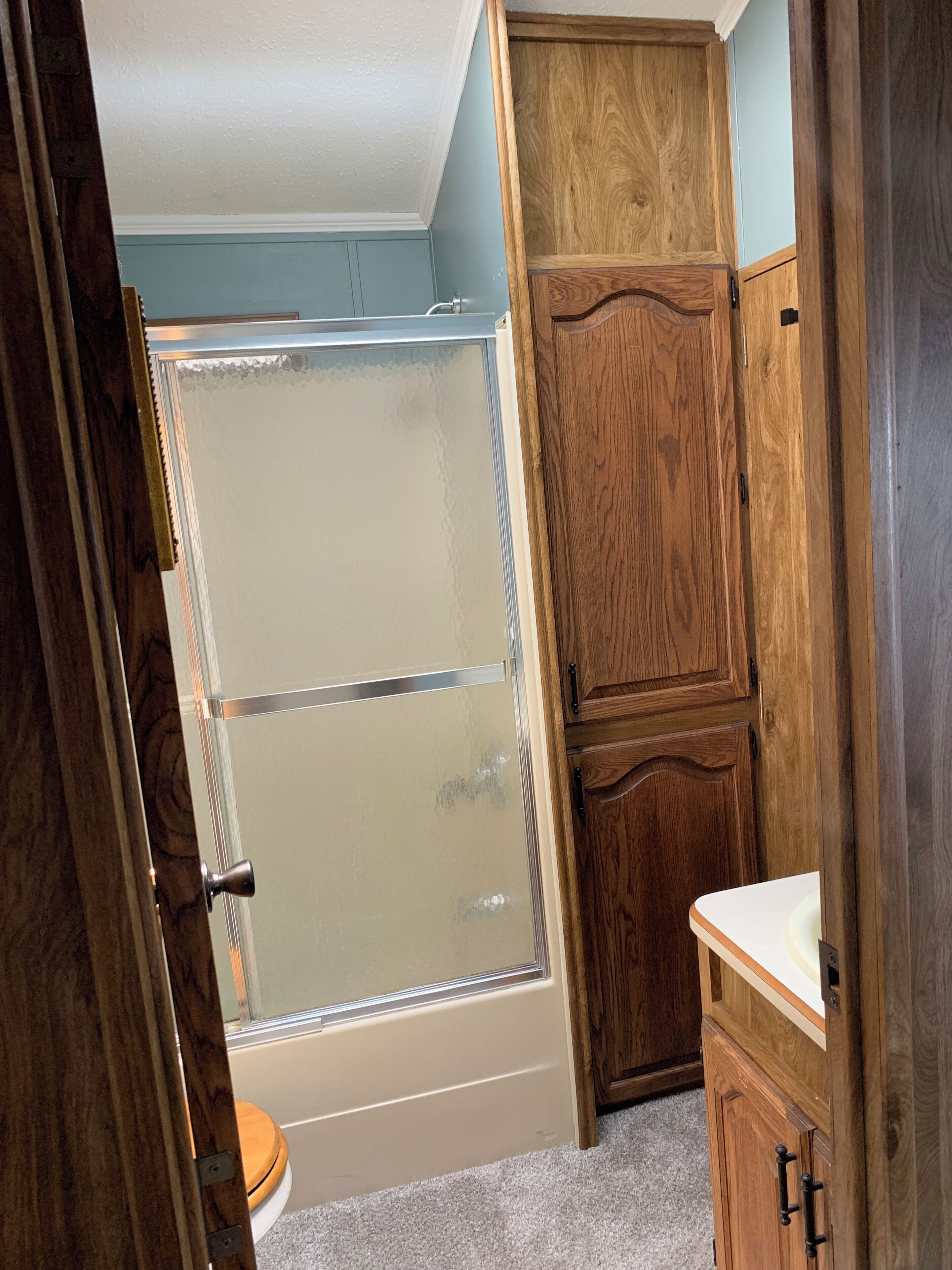 A bathroom with a shower, wooden cabinets, and a toilet.