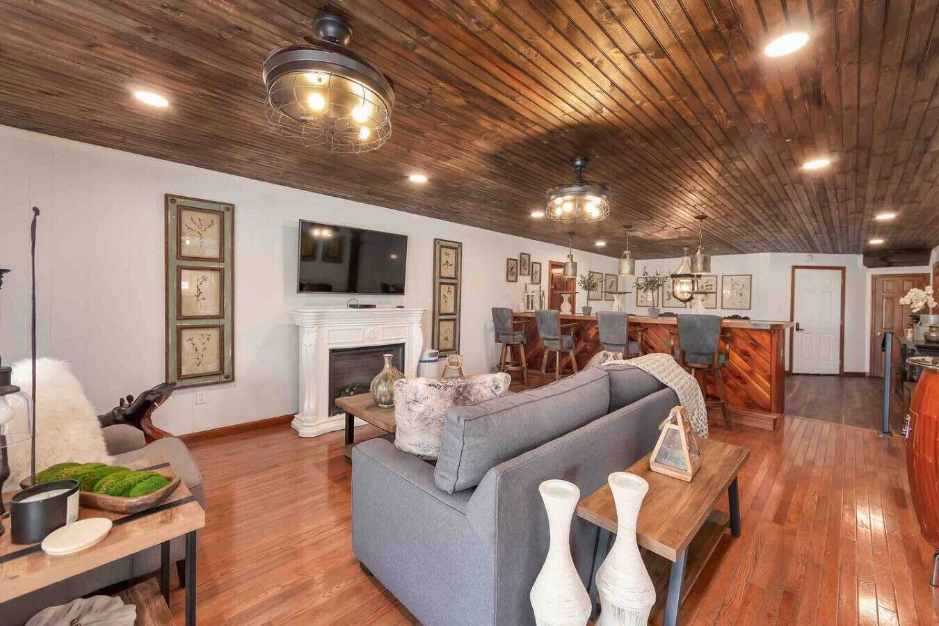 Smart TV, chimenea, estéreo y monitor de computadora 