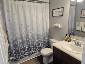Hair dryer, towels, soap, toilet paper