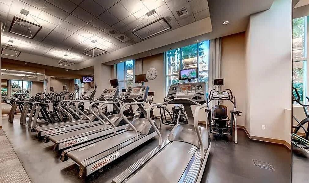 A gym with treadmills, stationary bikes, and elliptical machines.