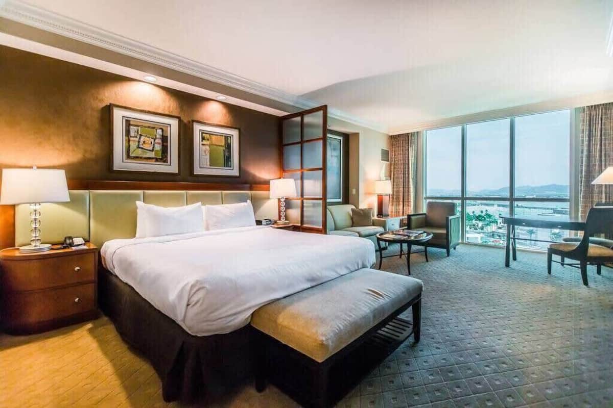 A hotel room with a large bed, a desk, a chair, and a view of the city.