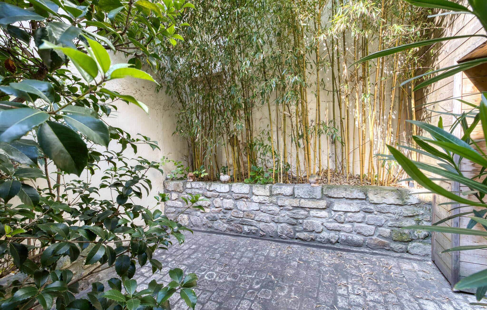 A stone wall with a bamboo garden.