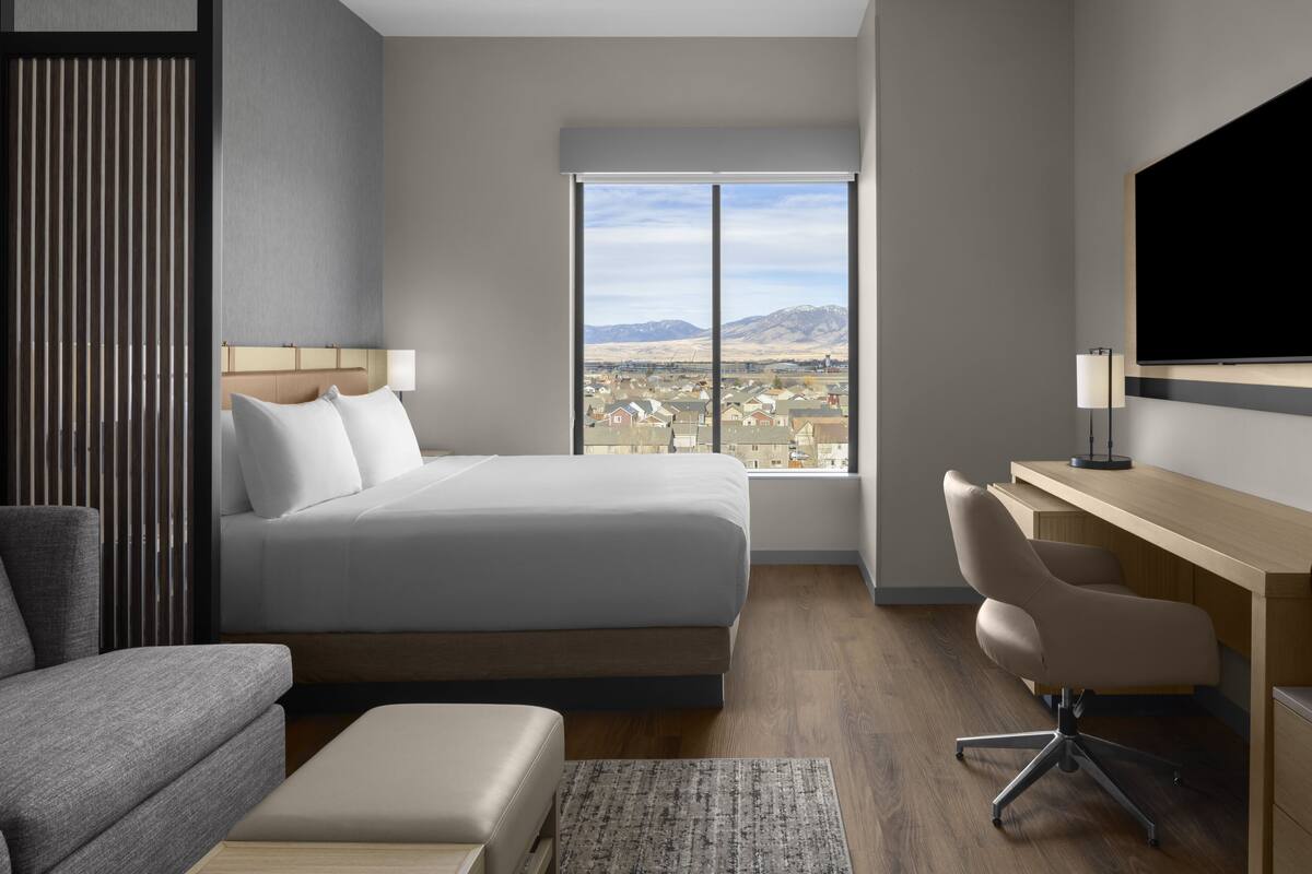 Una habitación de hotel moderna con una cama grande, un escritorio, una silla y un televisor.
