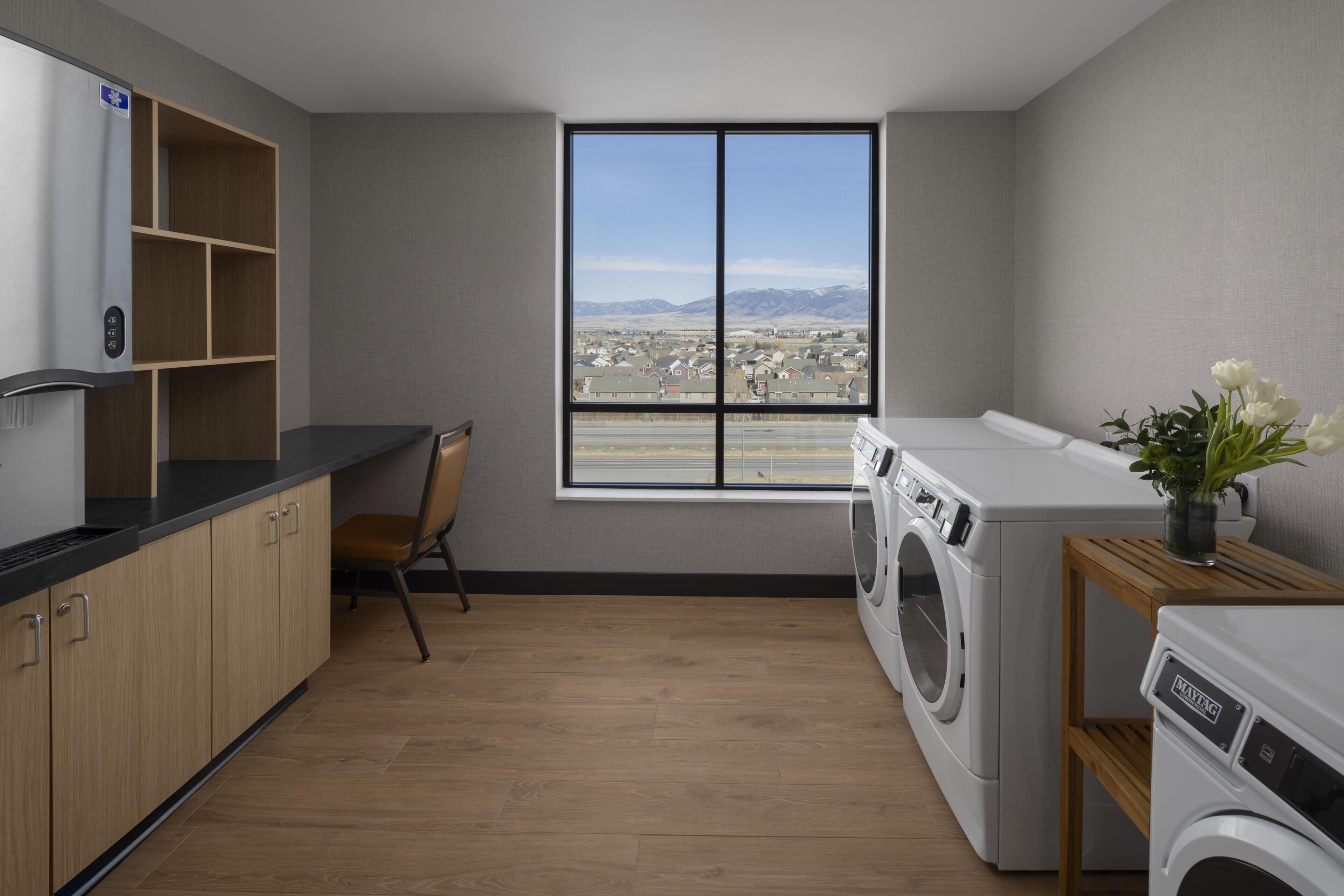Une buanderie moderne avec une grande fenêtre, un lave-linge et un étendoir.