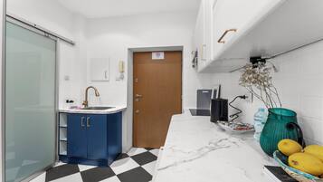 Fridge, stovetop, cookware/dishes/utensils