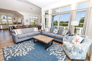 TV, fireplace, books