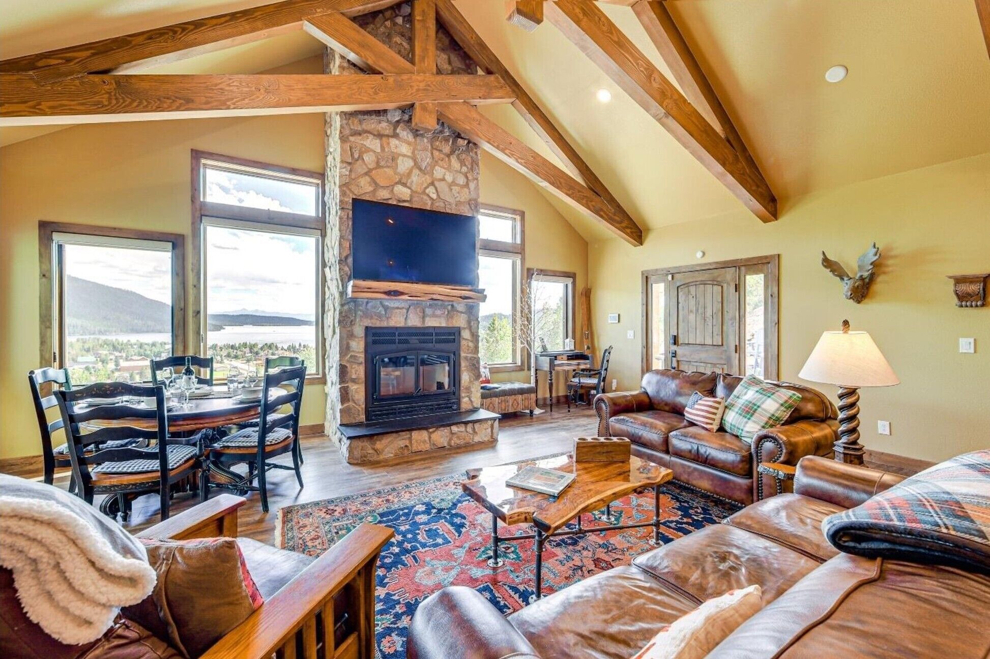 Smart TV, fireplace, books