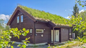 A wooden cabin with a thatched roof, a door, and a small porch.