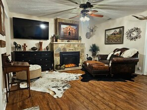 Smart TV, fireplace, books