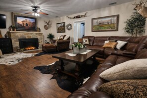 Smart TV, fireplace, books