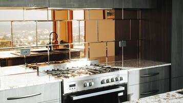 Fridge, microwave, oven, stovetop