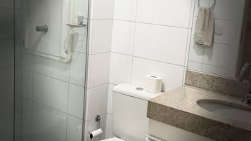 Hair dryer, towels, soap, toilet paper