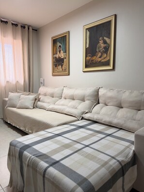 Una sala de estar con un sofá, un plaid estampado y dos cuadros en la pared.