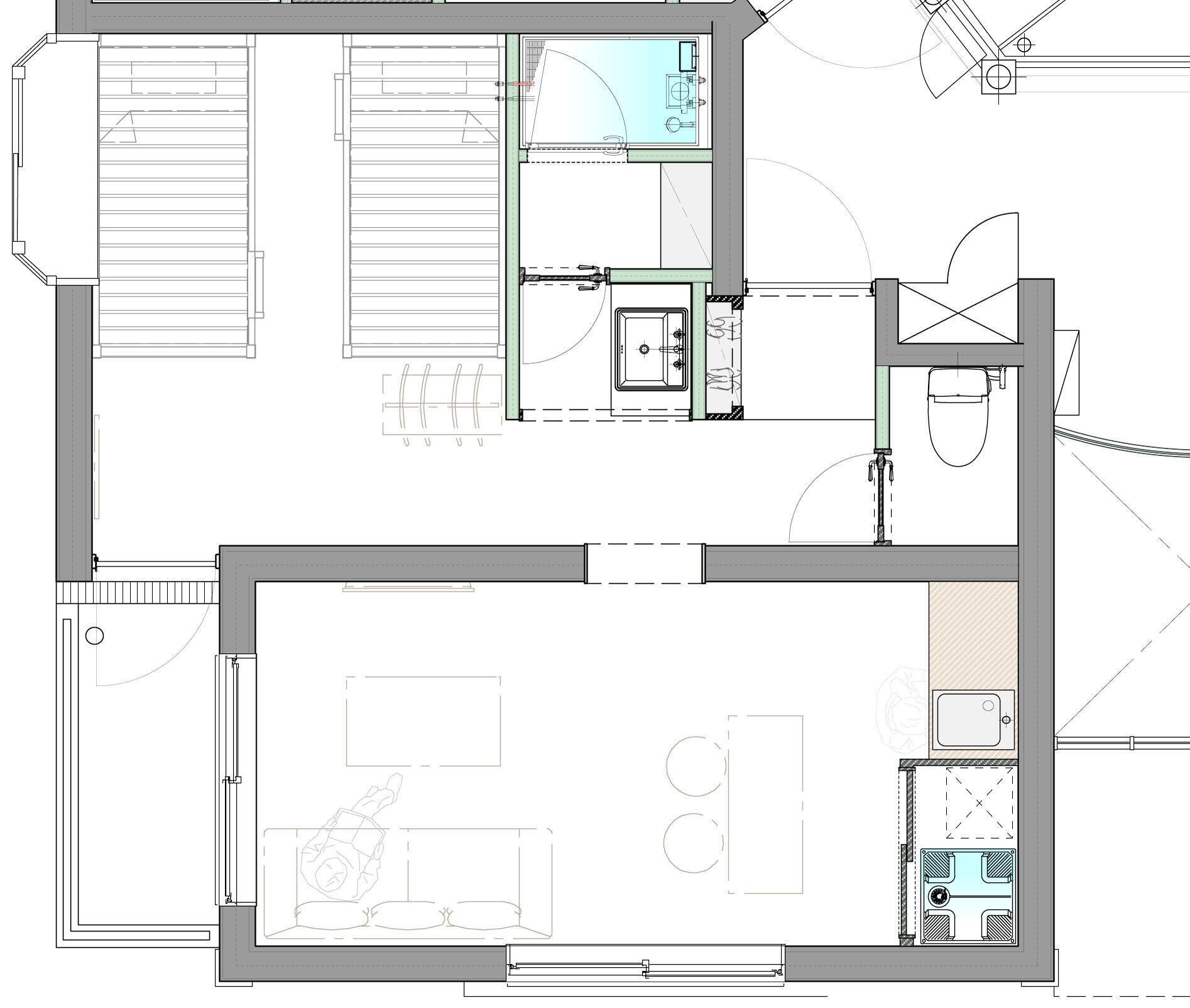 Un plan d’étage comprenant une piscine, deux chambres, une salle de bain et un espace cuisine.