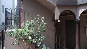 A building with a staircase, a large potted plant, and a door. - Q-ROOMS.HARAJUKU (Tokyo)