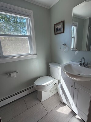 A bathroom with a toilet, sink, and window.