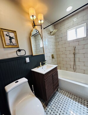 Hair dryer, towels, soap, toilet paper