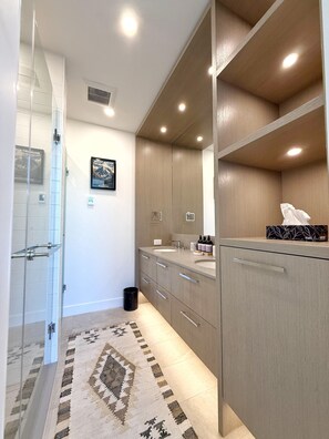 Hair dryer, towels, soap, toilet paper