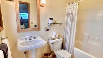 Un bagno con lavandino, WC e doccia.