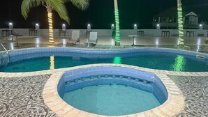 A swimming pool with a hot tub, palm trees, and lounge chairs. - Fanaseti (Conakry)
