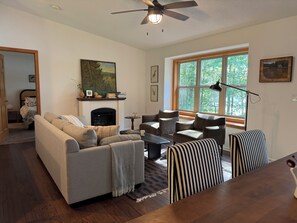 Smart TV, fireplace, books