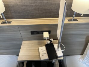 Desk, laptop workspace, blackout curtains, iron/ironing board