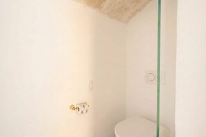 Une salle de bain équipée de toilettes, d’un distributeur de serviettes et d’une prise électrique visible.