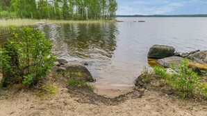 Un entorno natural junto al lago, con orilla arenosa, rocas y árboles densos al fondo.