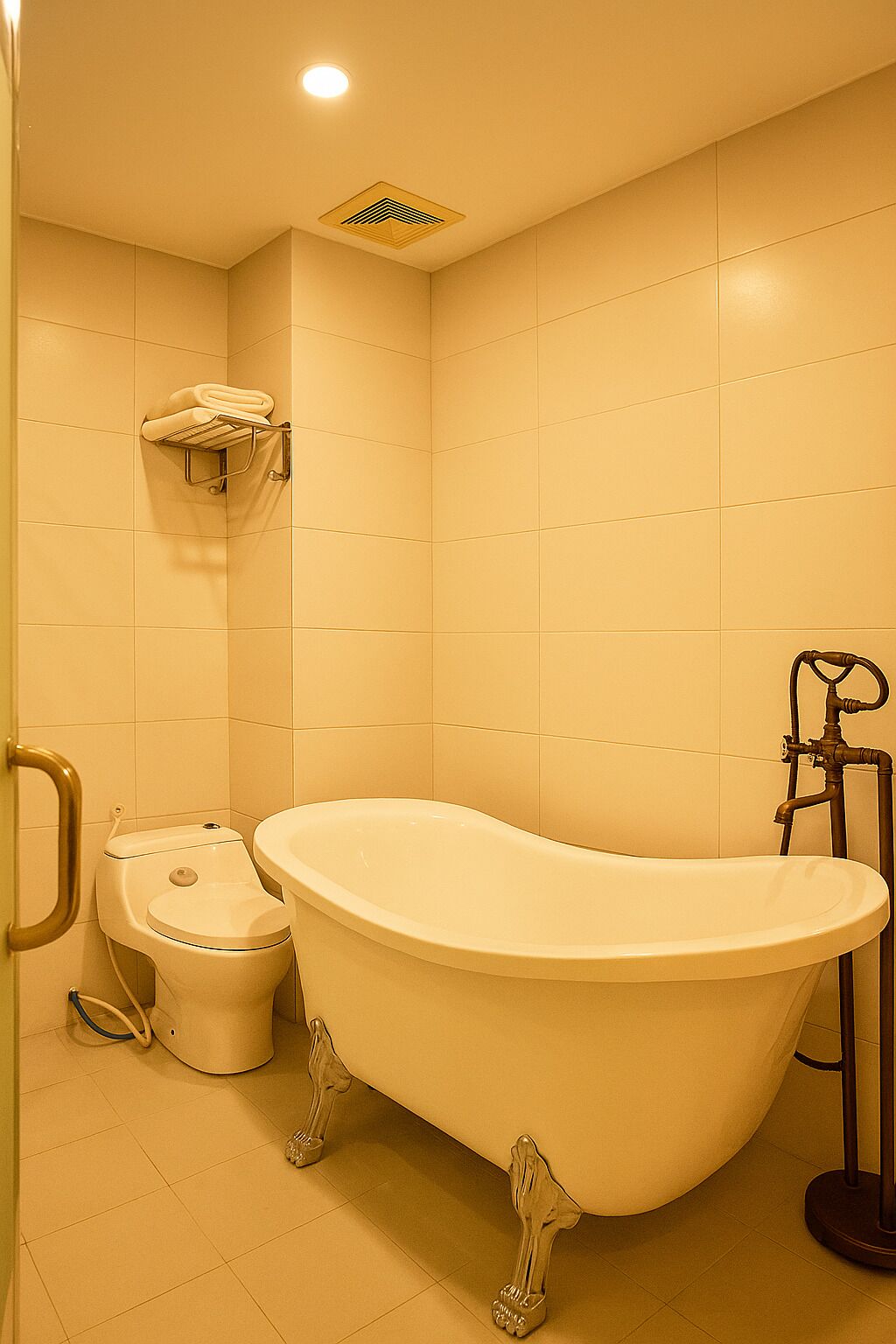 Un baño con una bañera independiente, inodoro y un perchero para toallas.