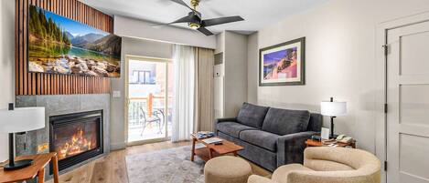 TV connectée, cheminée, jeux vidéo, lecteur de DVD