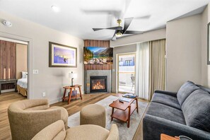 Smart TV, fireplace, video games, DVD player