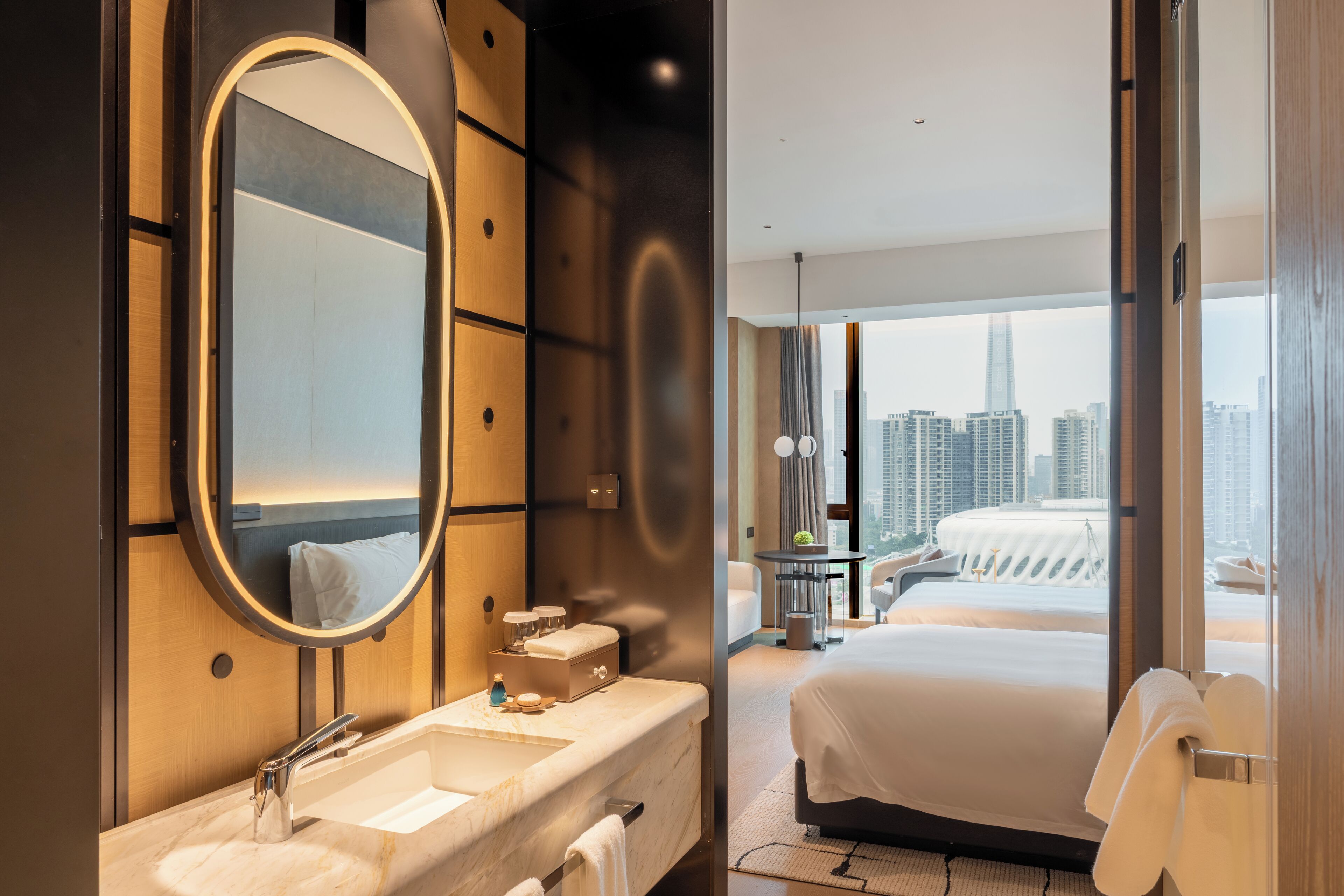 Hair dryer, bathrobes, slippers, towels