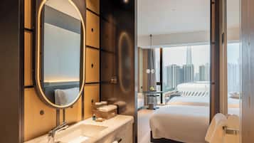 Hair dryer, bathrobes, slippers, towels