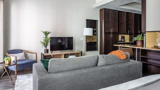 Ett modernt vardagsrum med en grå soffa, en tv, ett litet bord med en växt och en stol.