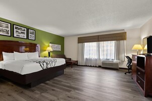 Habitación de hotel con una cama grande, un escritorio, una silla, un televisor y una ventana con cortinas.