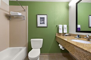 Un bany amb una paret de color verd, un vàter blanc i un lavabo amb taulell de granat.
