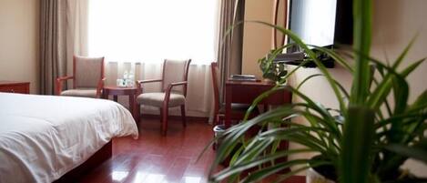 A hotel room with a bed, two chairs, a desk, a TV, and a potted plant.