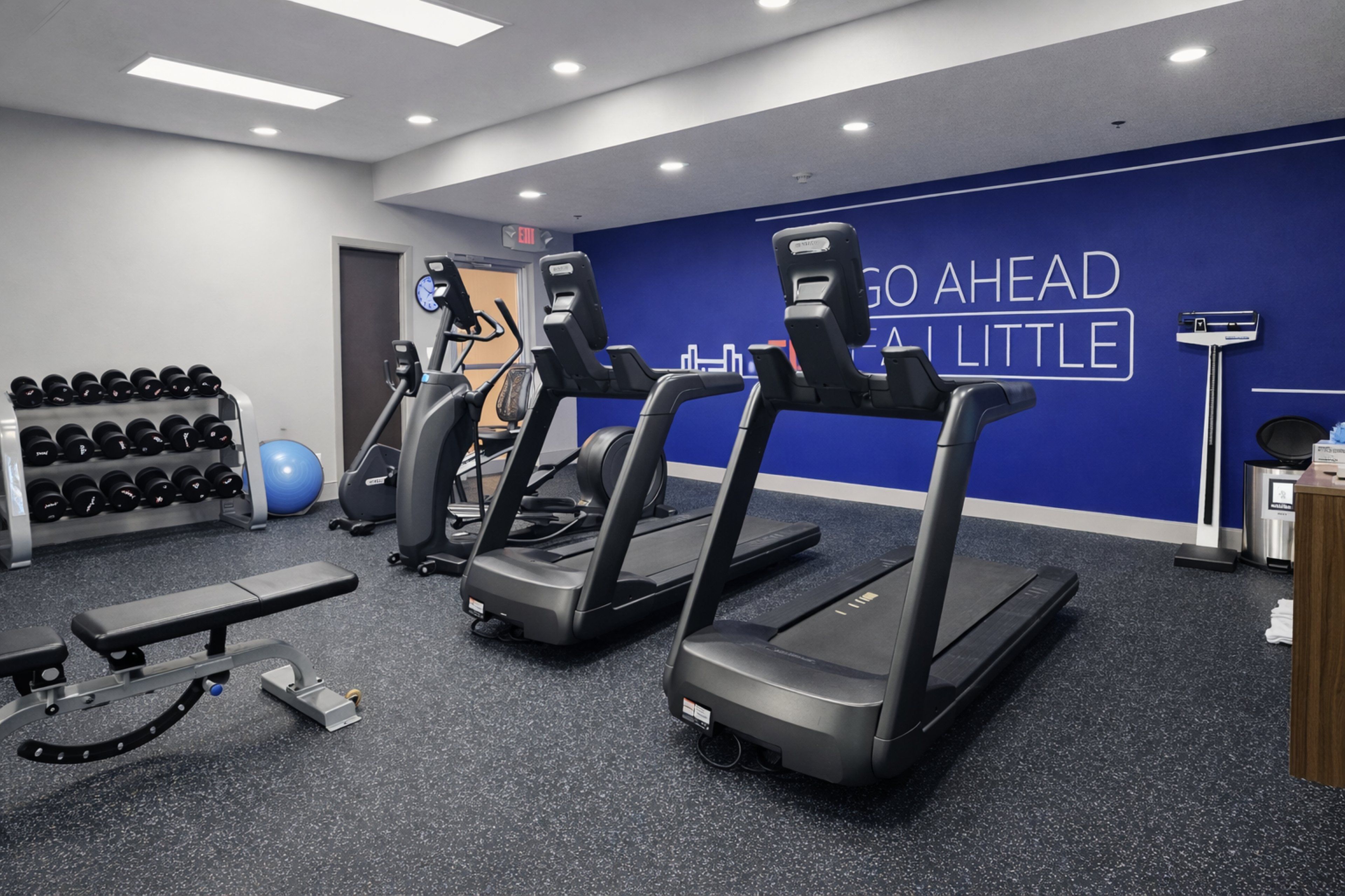 A gym with treadmills, dumbbells, and a blue wall with motivational text.