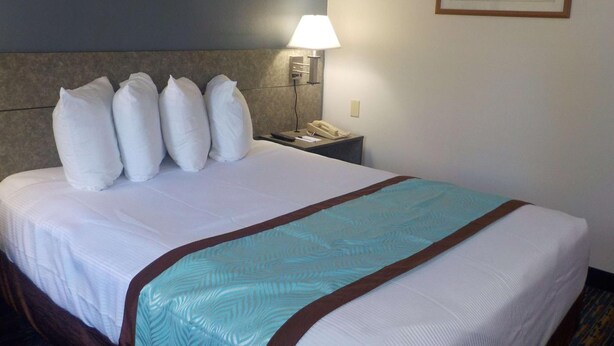 Een hotelkamer met een bed, kussens, een nachtkastje met een lamp, een telefoon en een schilderij aan de muur.