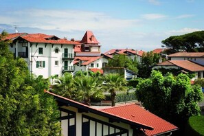 A residential area with multiple houses, some with red roofs, and lush greenery surrounding the buildings.