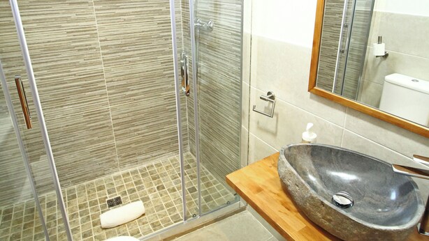 A bathroom with a glass-enclosed shower, a wooden vanity with a stone sink, and a white toilet. - Apartamentos Mont Romies Plaza (Naut Aran)
