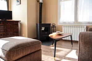 Una habitación acogedora con sofá, una pequeña mesa con un adorno, televisor sobre un mueble de madera, estufa negra y radiador.