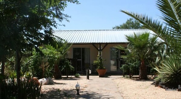 A building with a metal roof, surrounded by tropical plants and a paved pathway leading to the entrance. - Etango Ranch Guest Farm (Windhoek)