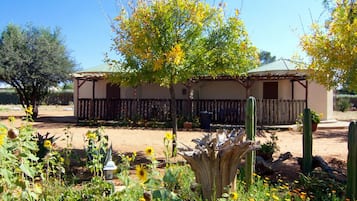 A house with a wooden fence, a tree with yellow leaves, and various plants in the garden.