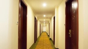 Un pasillo largo y estrecho en un hotel, con puertas a ambos lados y piso alfombrado.