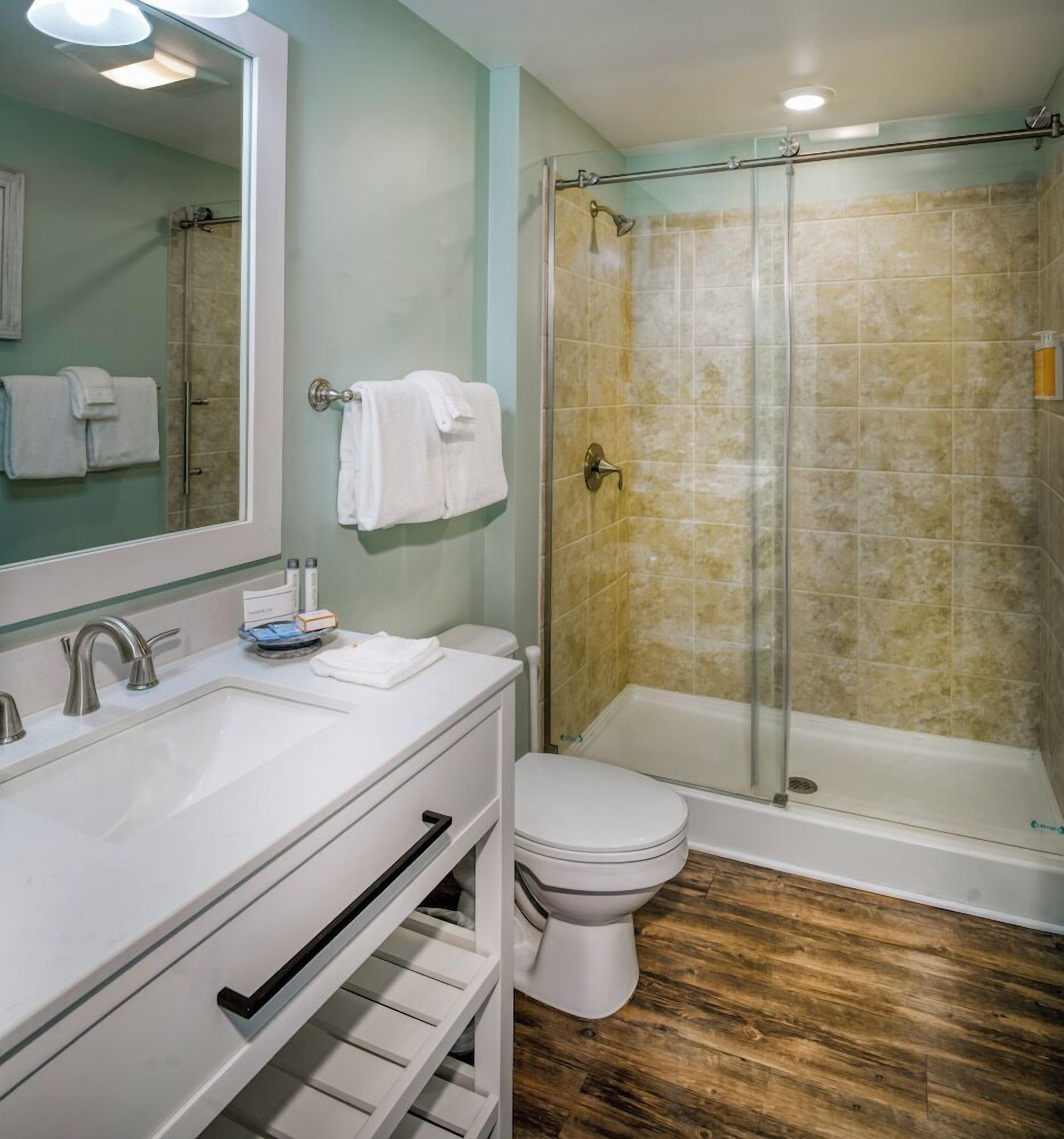 Une salle de bain équipée d’une douche, de toilettes, d’un lavabo et d’un miroir.