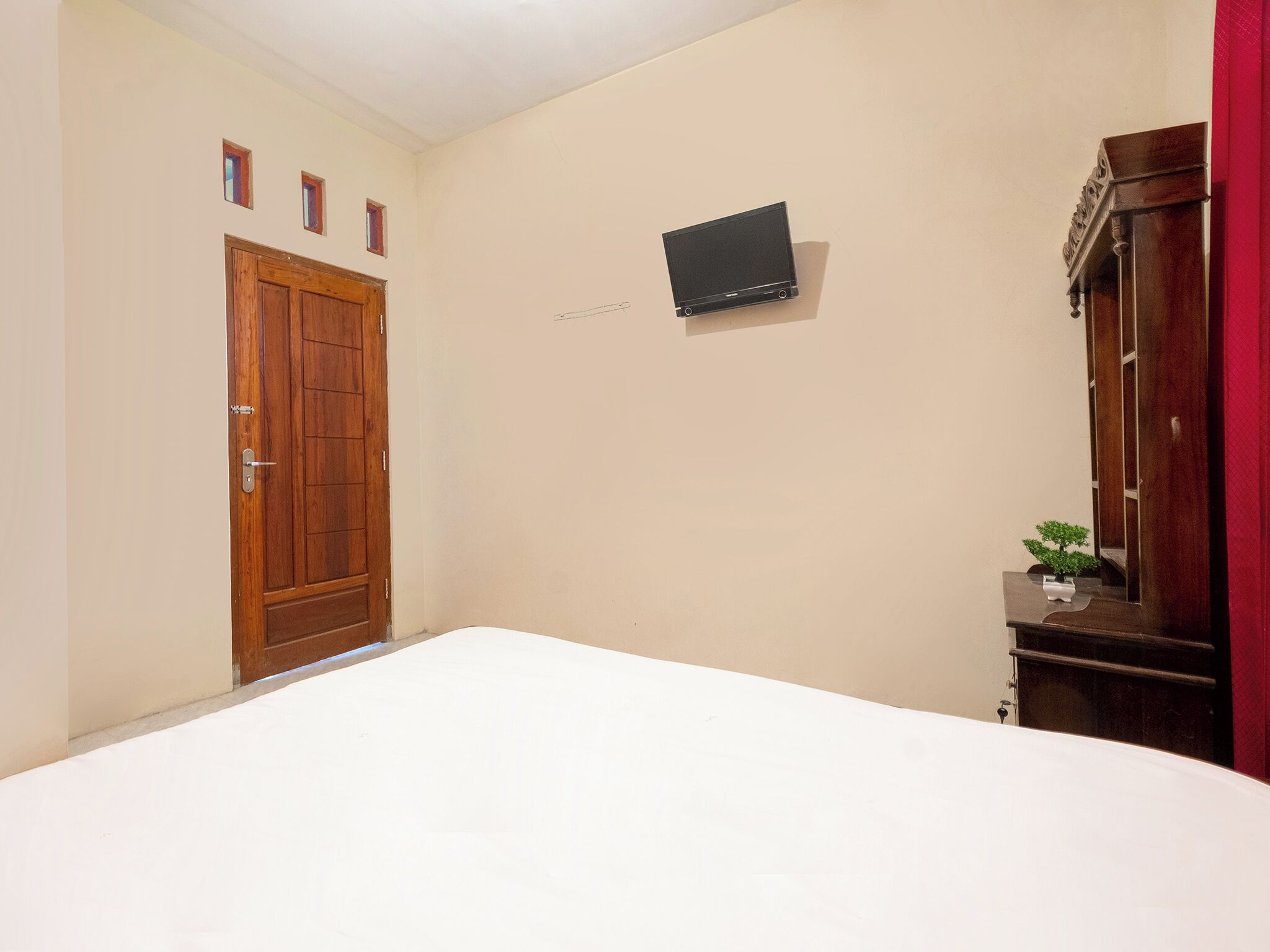A bedroom with a wooden door, a flat-screen TV mounted on the wall, and a small bedside table with a plant.