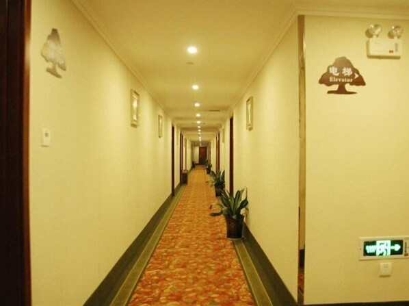 Un pasillo de hotel con piso alfombrado, cuadros en las paredes y un letrero que indica un ascensor.