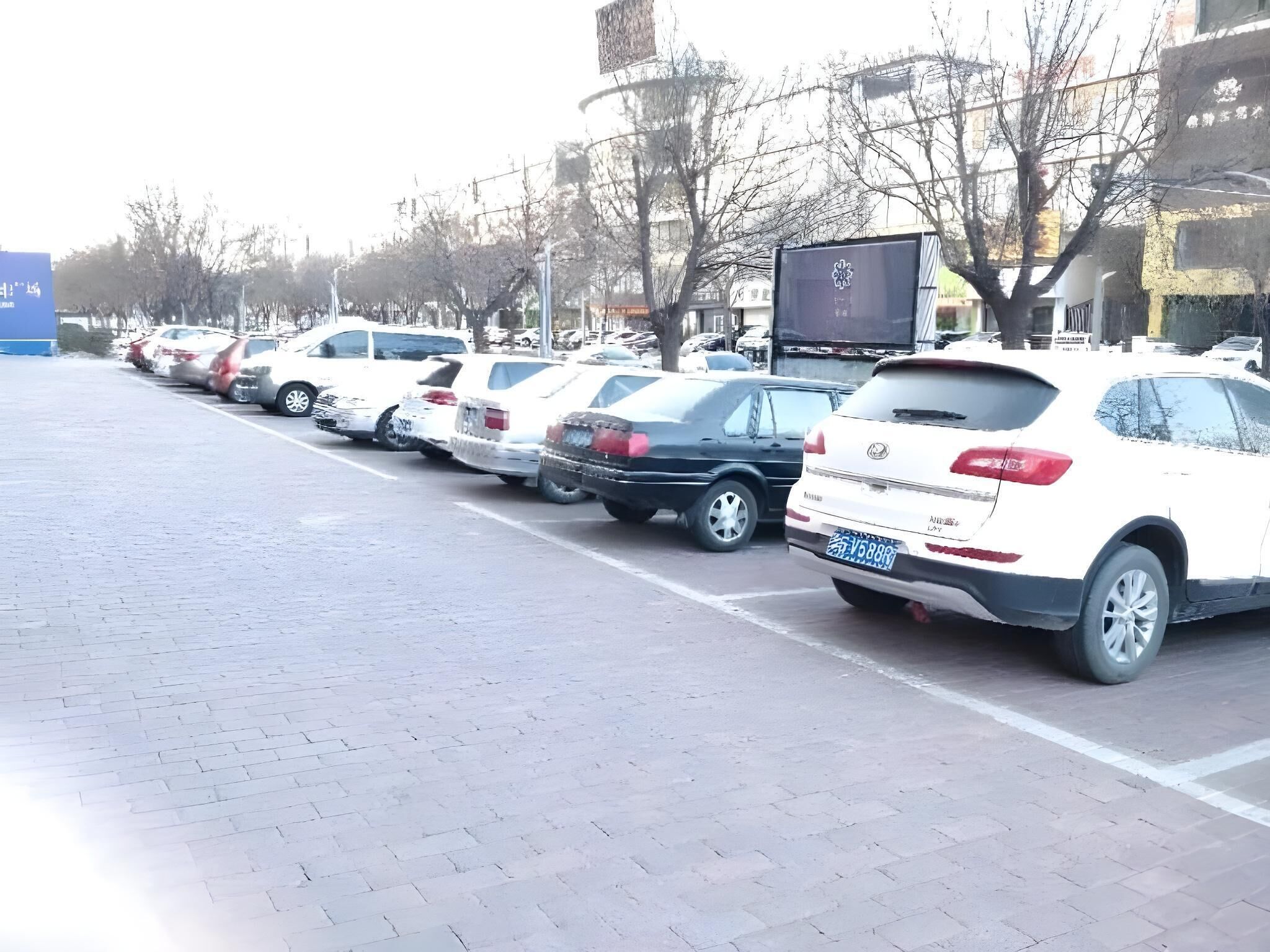 Fila di auto parcheggiate in un parcheggio con pavimentazione in mattoni.